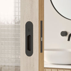 Matte black pocket sliding door lock. Home design replacement for bathroom and bedroom. Sturdy knob, thickened and widened design