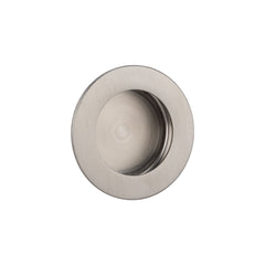 Satin nickel round flush pull. Sleek and functional hardware solution that seamlessly integrates into doors for a clean, modern look