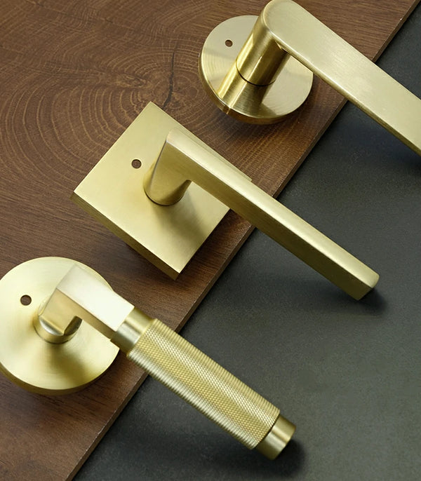 Kentucky, Yolo, Nora door handles of Zuperior Hardware, all are brushed gold color for modern luxury design, Privacy pin function and magentic latches make the door seamless.