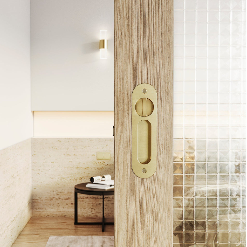 Satin brass privacy door lock. Suitable for most US standard door, and both fit left & right handed doors. Trendy Home Accents, Sophisticated Spaces, Stylish Living Spaces