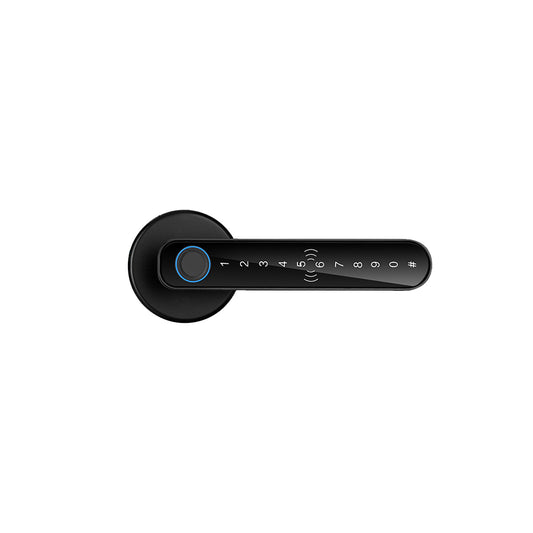 Made of durable zinc alloy smart door handles. Matte black smart door lock. 5 in 1 entry smart door levers, Password, Fingerprint, IC card, APP Control, and Emergency key. Minimalist home decor design with magnetic door latch.